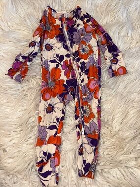 Floral Zip-Front Kids Footie One-Piece in Cream with Orange & Purple Flowers